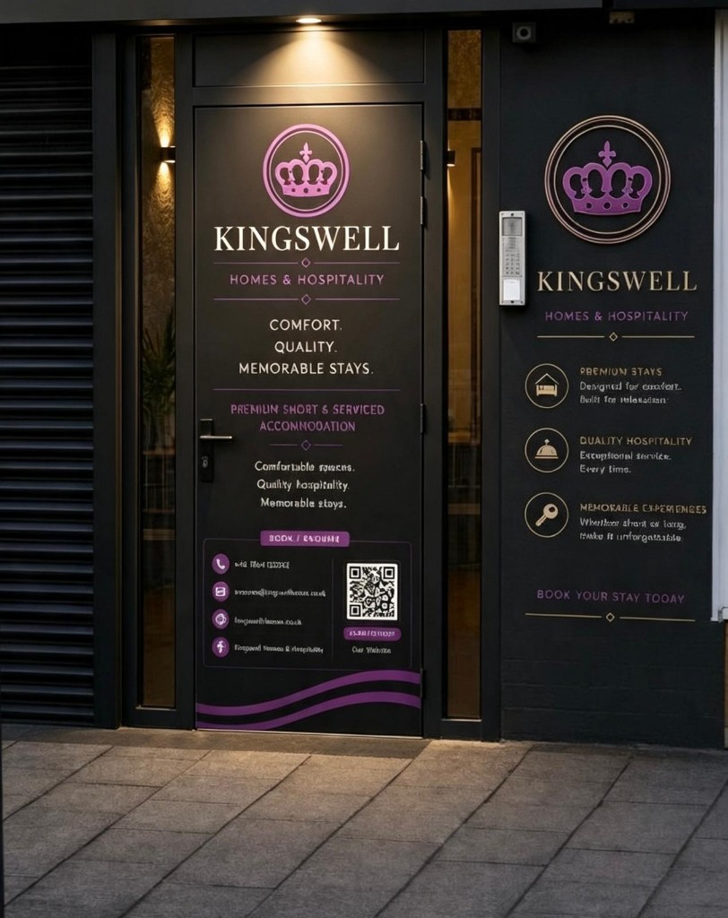 Kingswell Homes & Hospitality branded entrance with signage